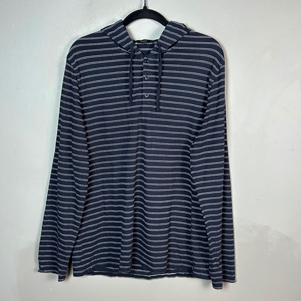 Vince Mens Henley Hoodie Mens Large Blue Striped Coastal Pima Cotton Preppy